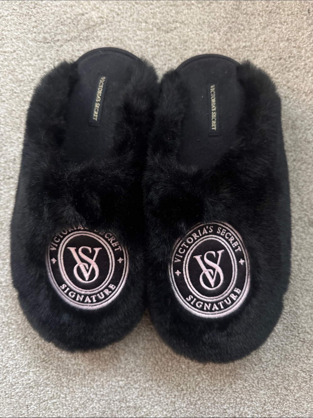 Victoria's Secret Black Faux Fur Slippers with Pink Signature Patch